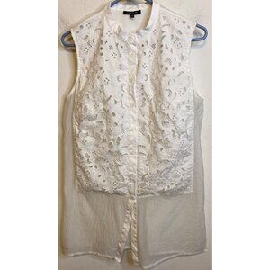 LAFAYETTE 148 White Eyelet Blouse Top Sleeveless Tunic Button Size 10 Women